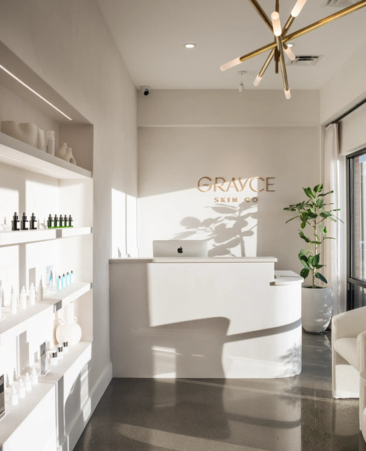 The minimal, modern interior of Grayce Skin Co. in Knoxville, TN, a serene setting for cosmetic and aesthetic treatments.