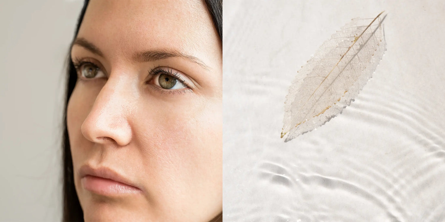 A serene woman with radiant skin and a translucent leaf, symbolizing the fine lines and delicate texture of skin, floating on water.